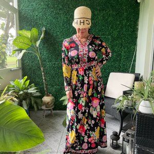 1970s Avalon Floral Print kaftan maxi dress Bohemian